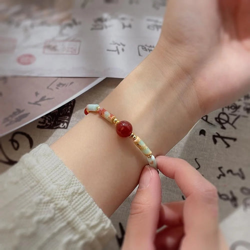 New Chinese Style Natural Stone Red Agate Shoushan Stone Handmade Geometric Bracelet