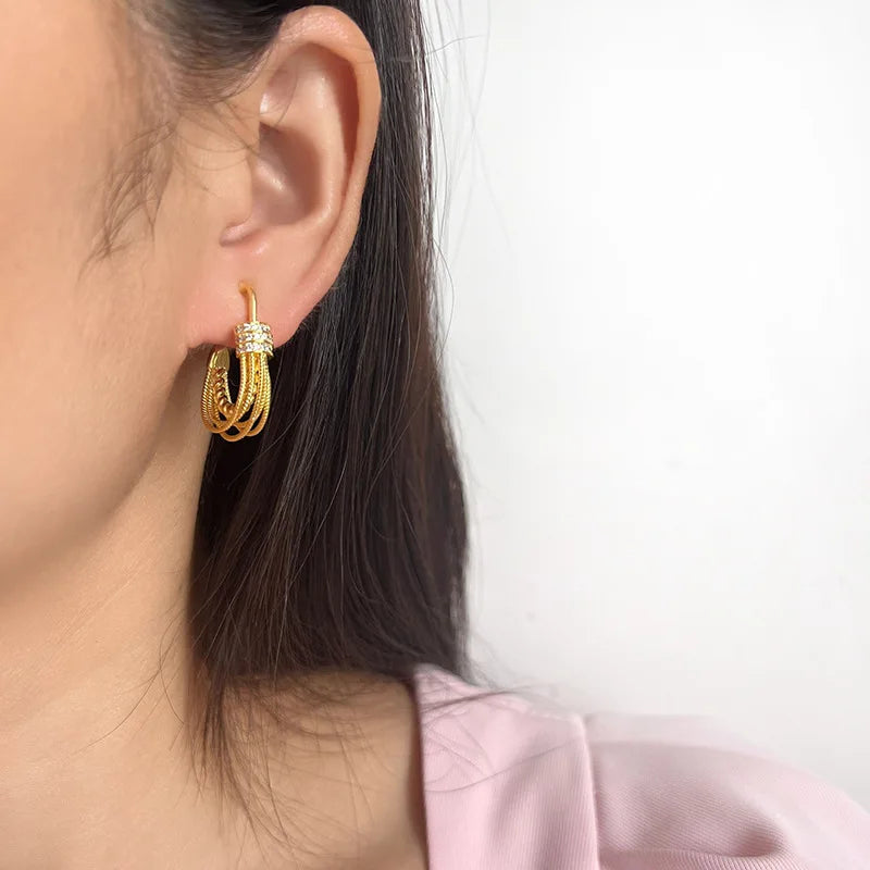 Luxury Gold Alloy Spiral Tassel Hoop Rhinestone Stud & Clip On No Piercing Statement Earrings