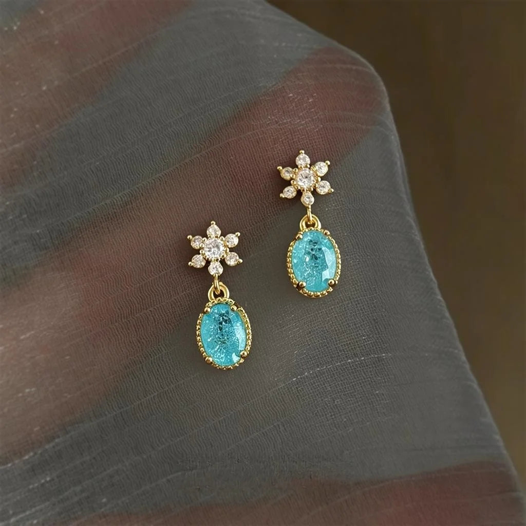 Light Luxury Aquamarine Zircon Star Oval Geometric Eco-Friendly Copper Drop Earrings