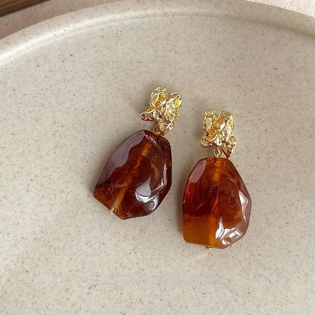 14K Plated Copper Amber Resin Geometric Irregular Drop Earrings For Fashion OL Style
