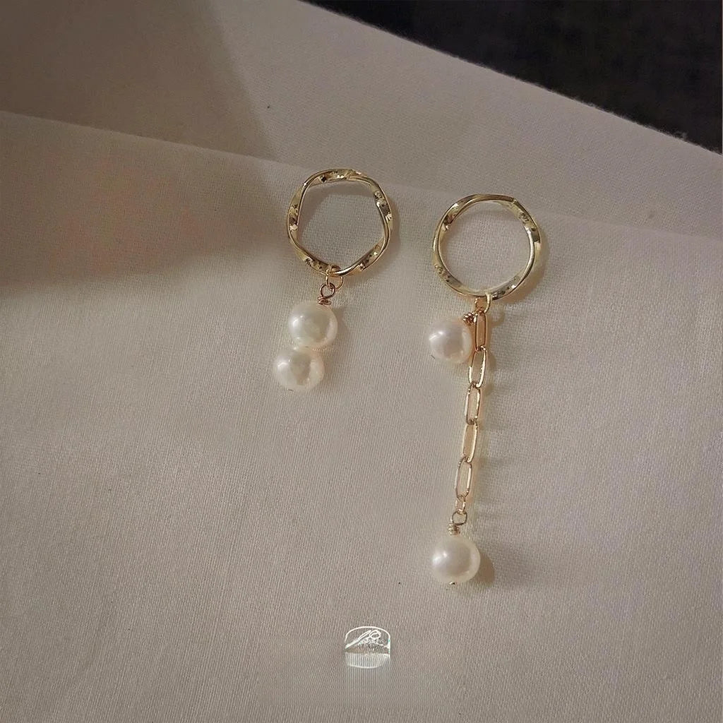 French Vintage Baroque Freshwater Pearl Tassel Stud Earrings, Asymmetric Copper Geometric Design