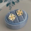 Chinese Style Enamel Drip Glaze Silver Plated Copper Floral Geometric Stud Earrings