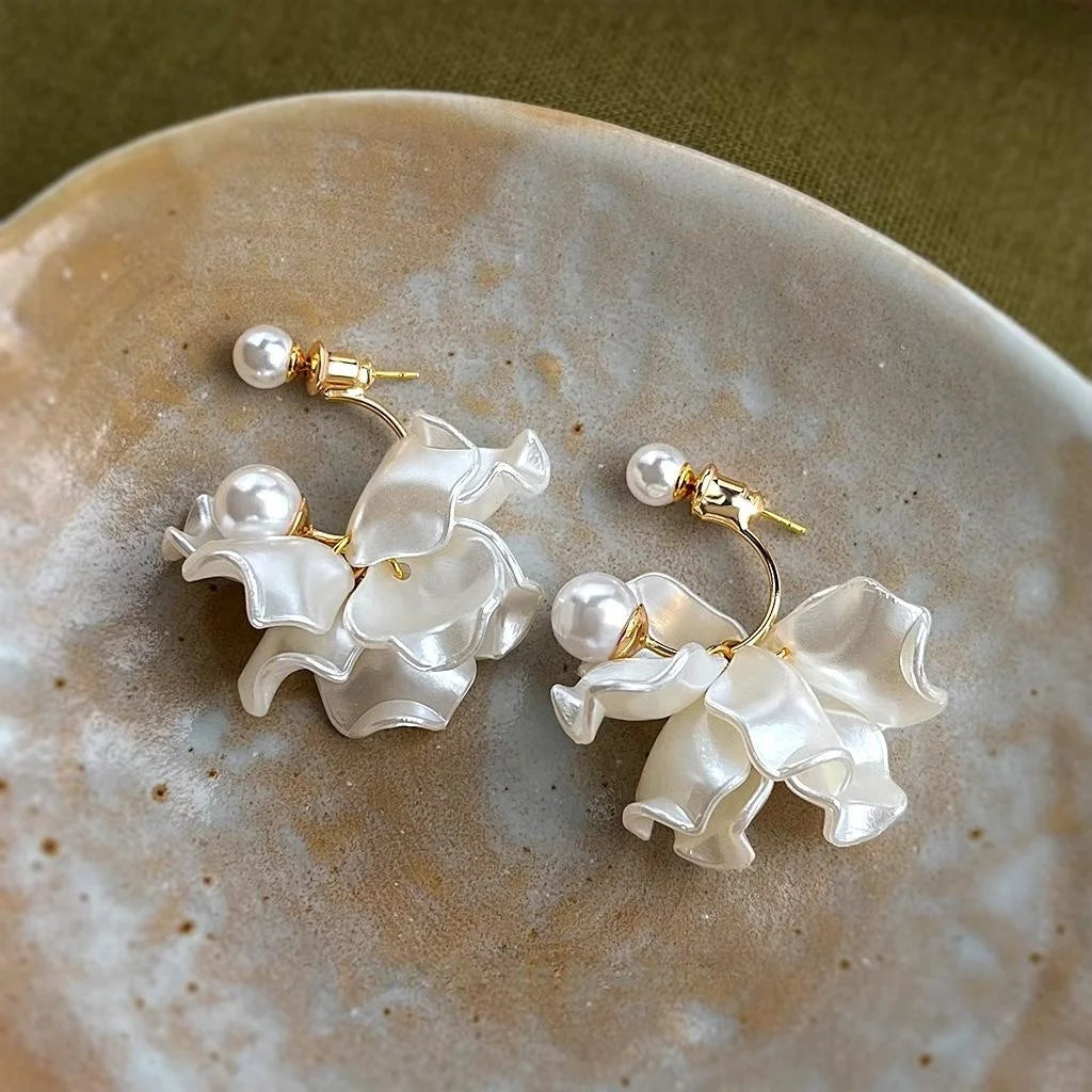 Sweet Forest Style Handmade 3D Flower Drop Earrings With High Gloss Pearl Resin Copper Design