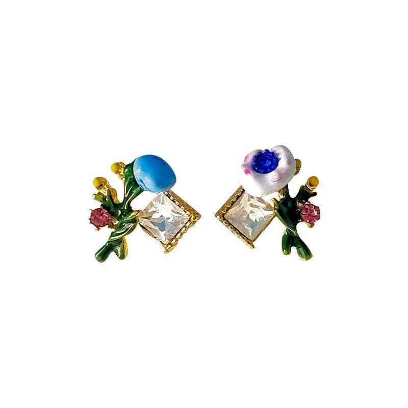 Vintage Asymmetric Enamel Drip Glaze Flower Stud Earrings Copper 14K Plated Floral Jewelry