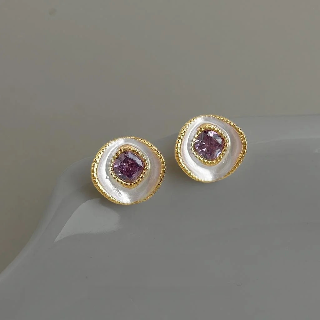 Fashion OL Elegant Purple Zircon Copper Geometric Curved Round Stud Earrings