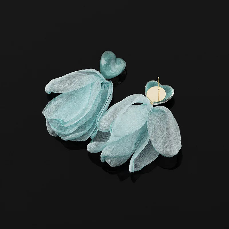 Blue Heart Chiffon Petal Lightweight Elegant Vacation Stud & Clip On No Piercing Flower Drop Earrings