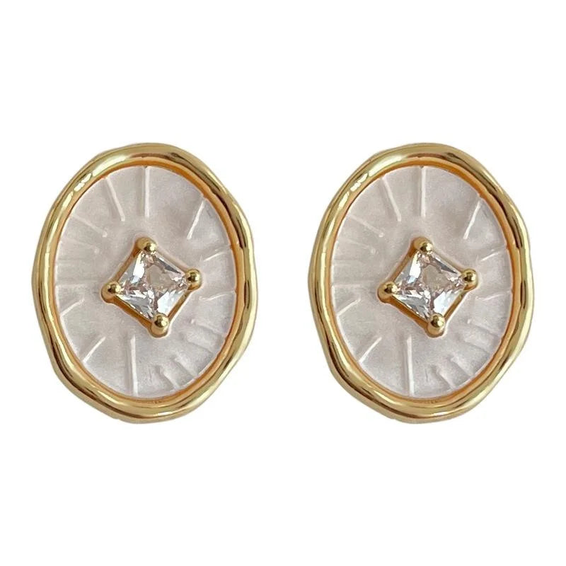 14K Gold Plated Copper Oval Geometric Micro Pave Zircon Drop Earrings Light Luxury Vintage Style