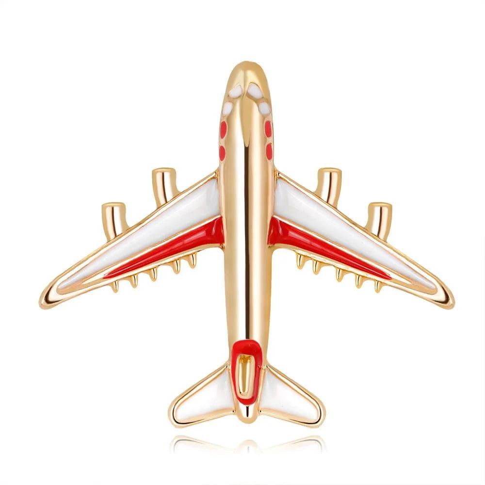 Luxury Airplane Alloy Enamel Brooch Gold Tone Plane Lapel Pin Corsage Suit Accessory Gift
