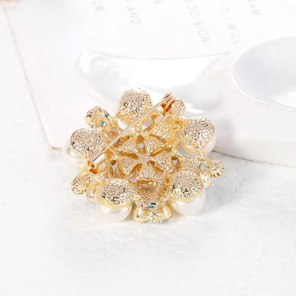 Elegant Blue Enamel Flower Brooch With Pearls And Rhinestones, Alloy Floral Lapel Pin Corsage Gift