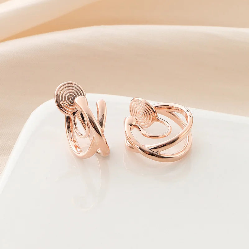 Elegant Rose Gold Alloy Spiral Disc Cross Hoop Stud & Clip On No Piercing Women's Fashion Earrings