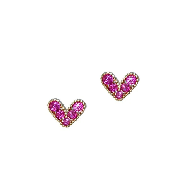 Mini Rose Red Heart Bear Zircon Stud Earrings For Women Fresh Minimalist Commuter Jewelry