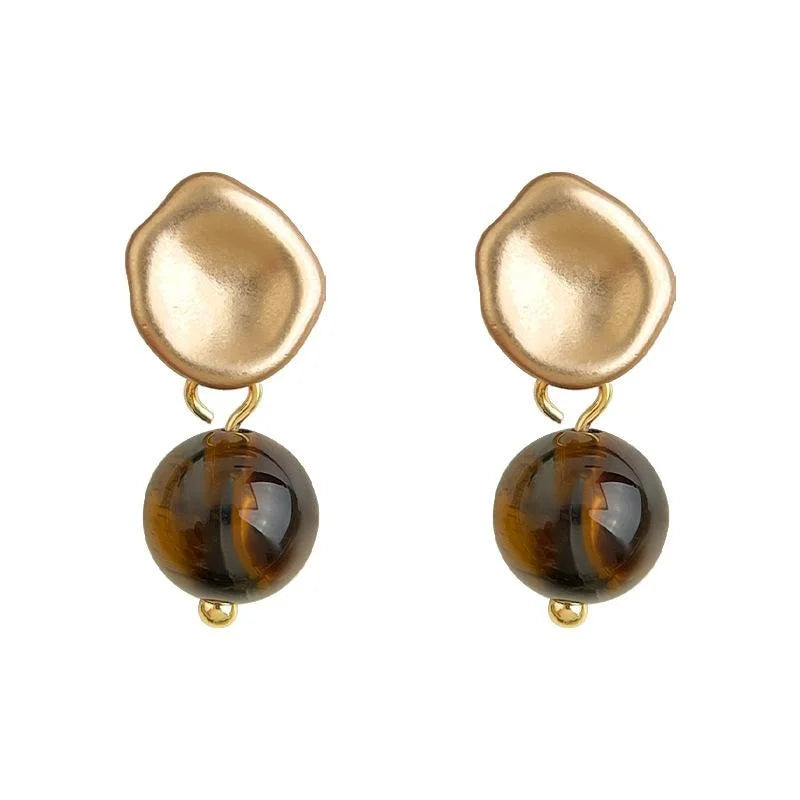 Vintage Maillard Style Tiger Eye Stone Round Geometric Drop Earrings With Copper