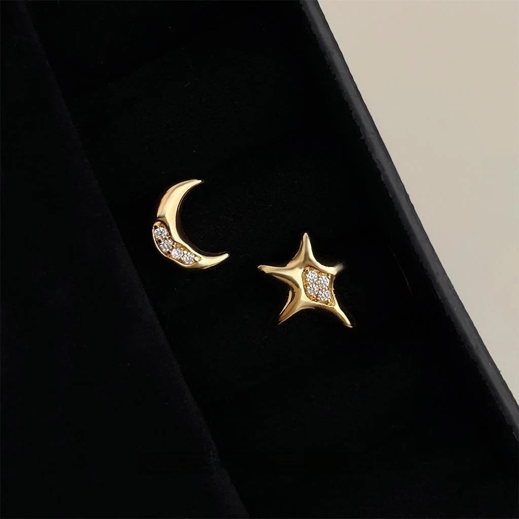 Original Asymmetric Star Moon Micro Pave Zircon Copper Stud Earrings For Women