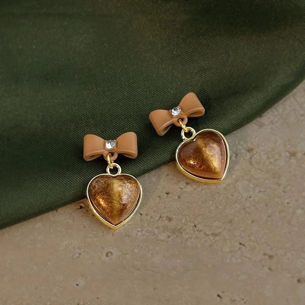 Maillard Brown Earth Tone Bow Heart Tassel Drop Earrings With Resin Rhinestone Copper Enamel