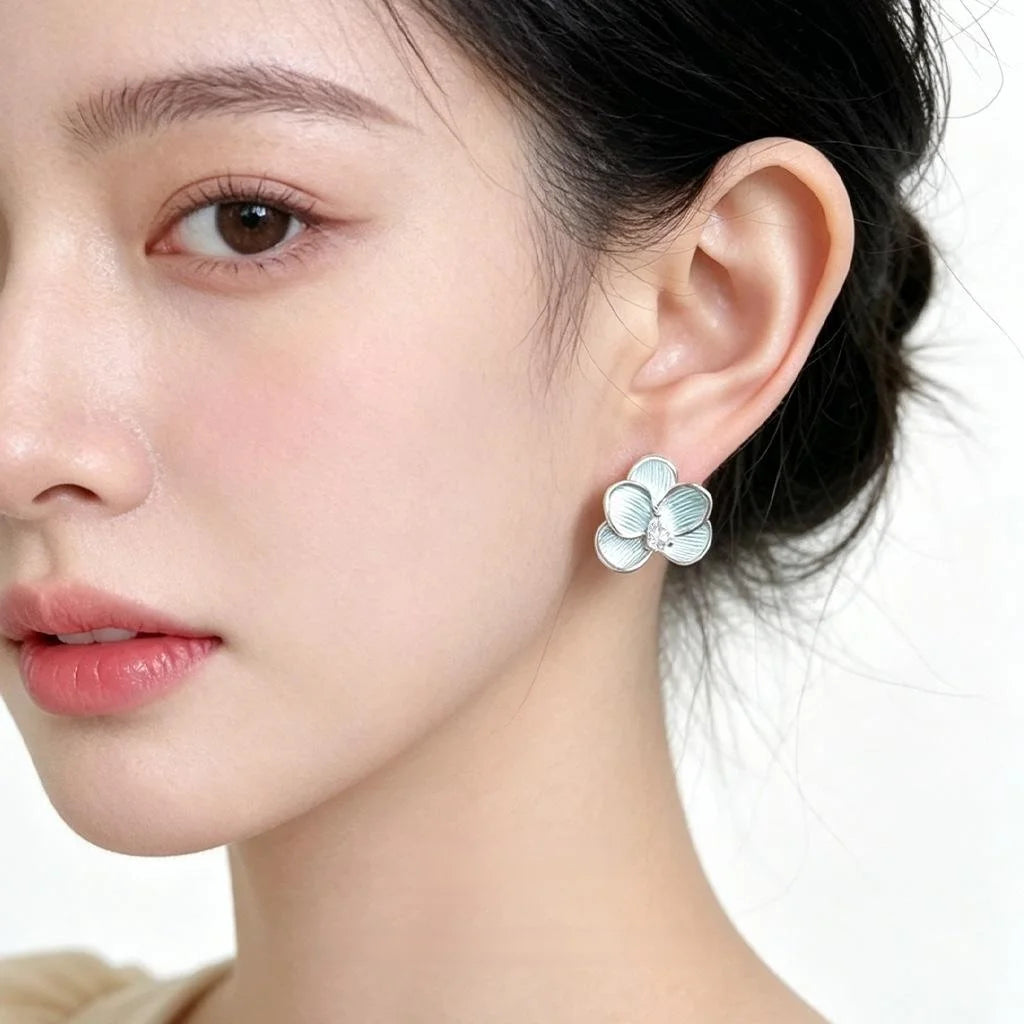 Fresh Summer Green Orchid Flower Stud Earrings Copper Zircon Hand Painted Sweet Floral Jewelry