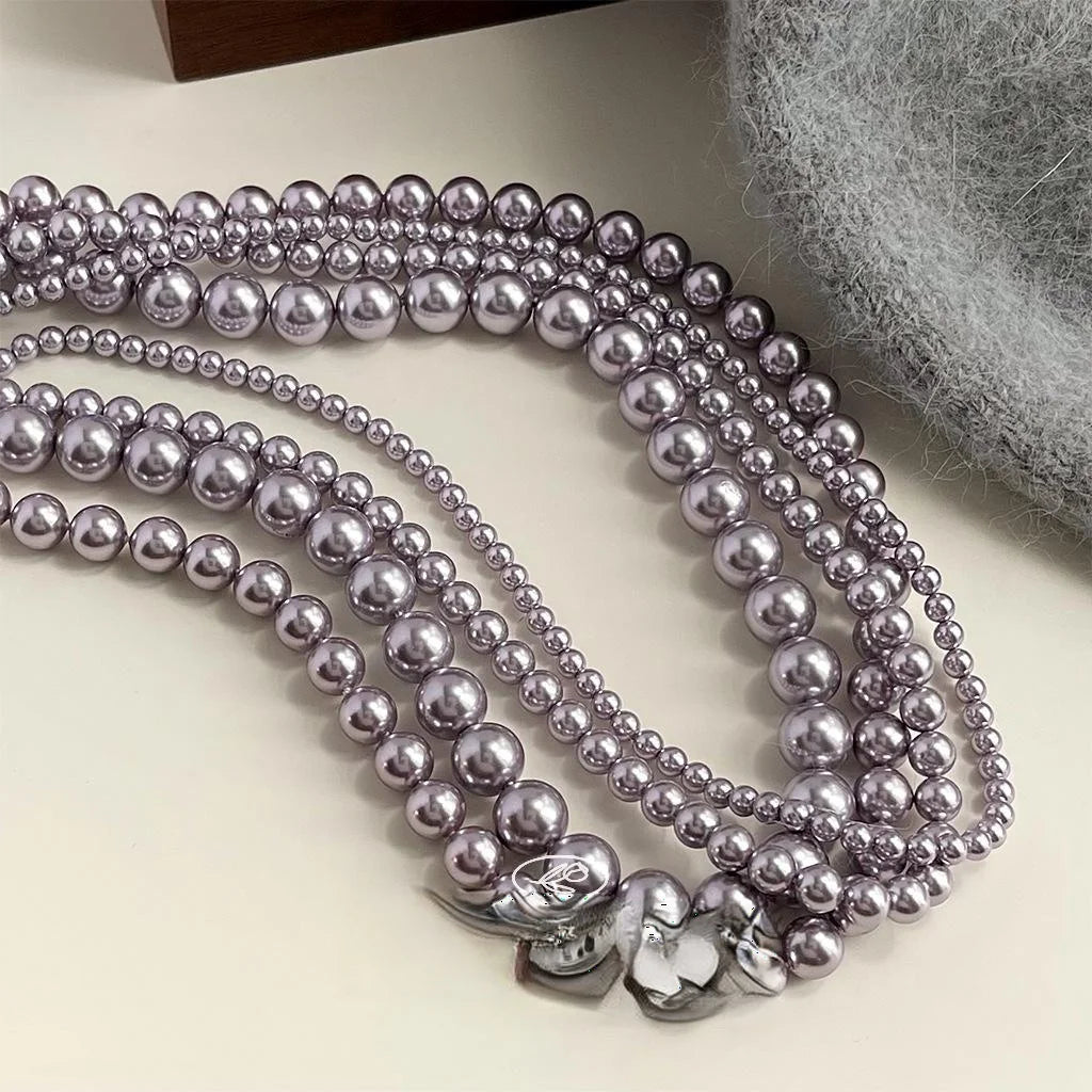 Elegant Purple Glass Pearl Gold Plated Geometric Sweater Necklace For Women