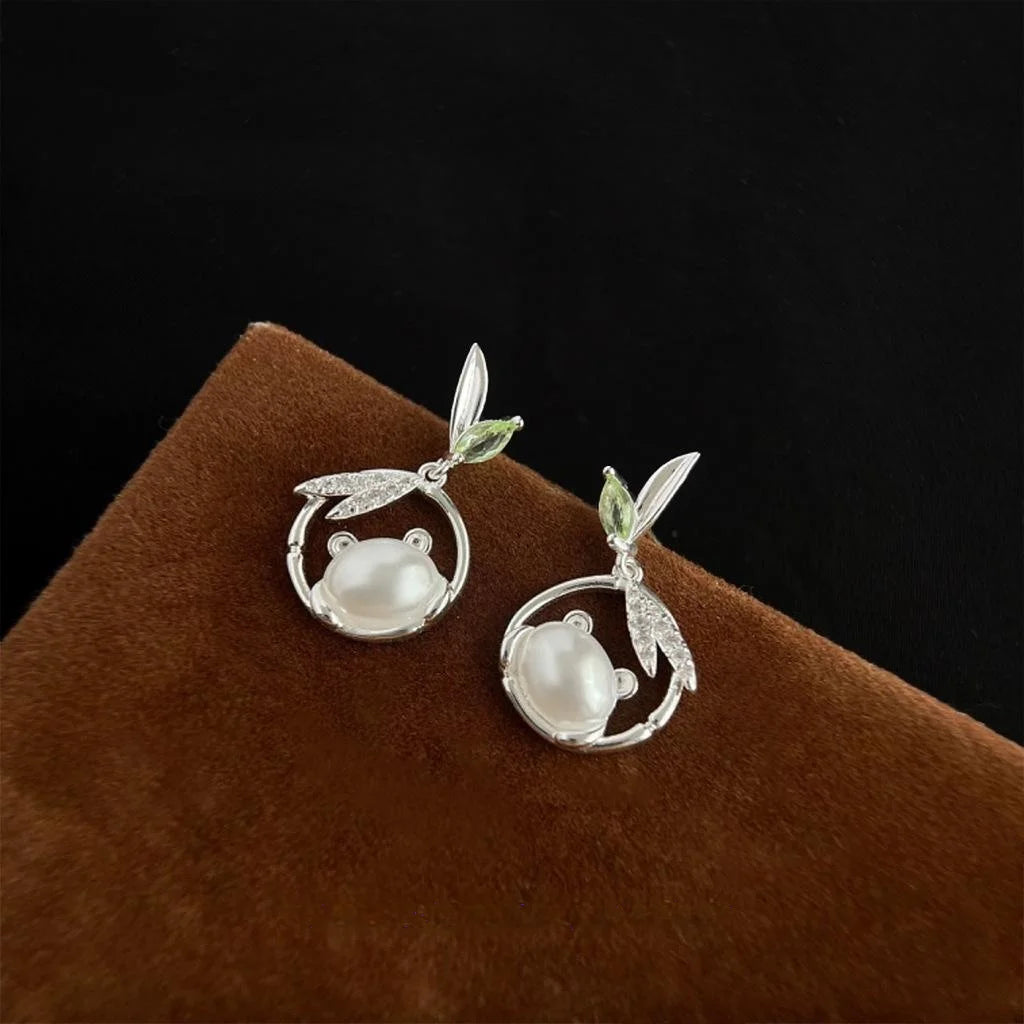 New Chinese Style Panda Bamboo Leaf Drop Earrings Copper Zircon Pearl Hollow Animal Jewelry
