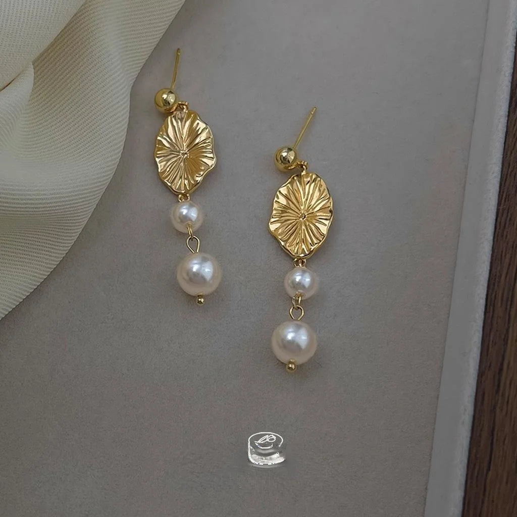Handmade French Vintage Copper Glass Pearl Geometric Leaf Tassel Drop Earrings For Women