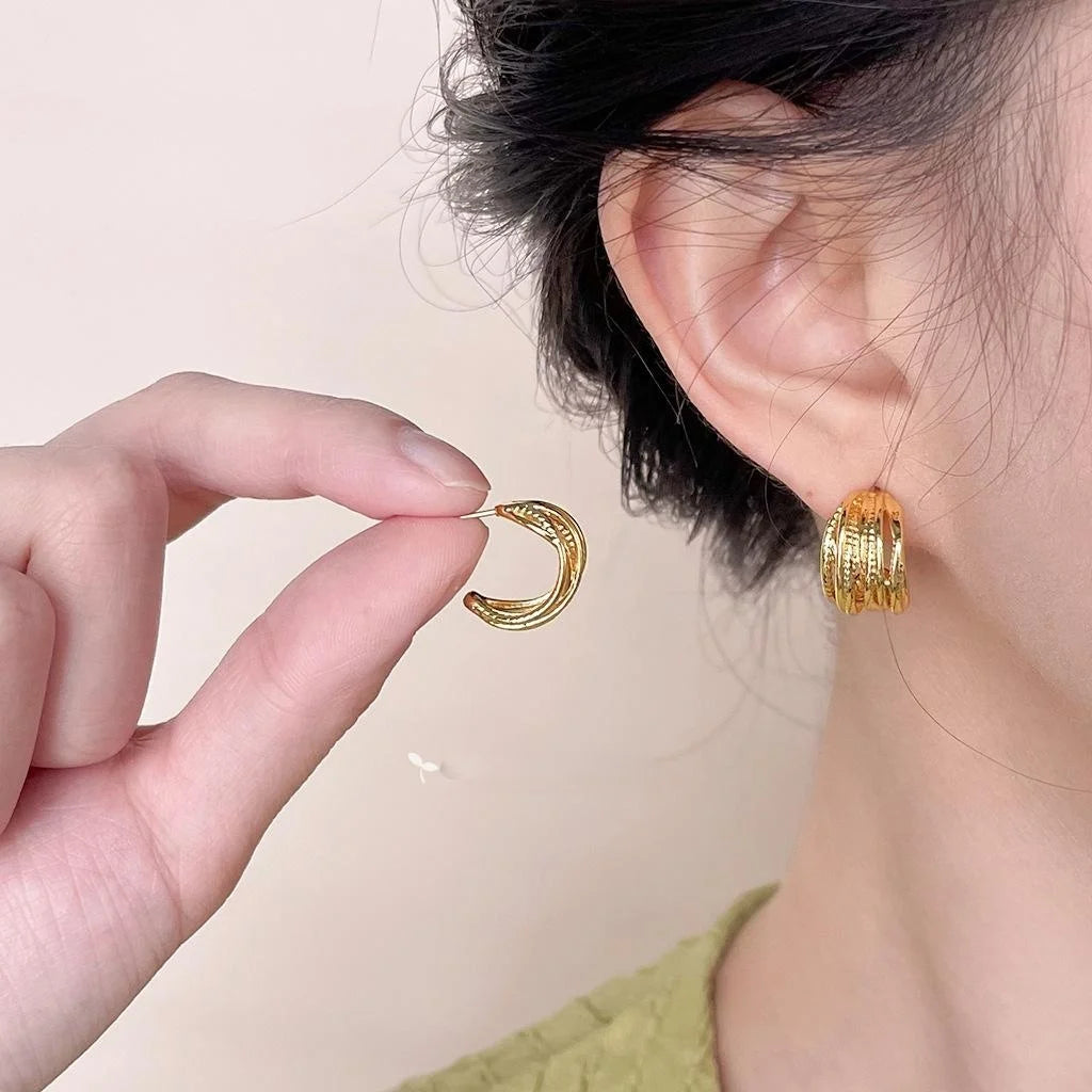 14K Gold Plated Copper Geometric Line Drop Earrings Minimalist Luxury Hoop Style Jewelry