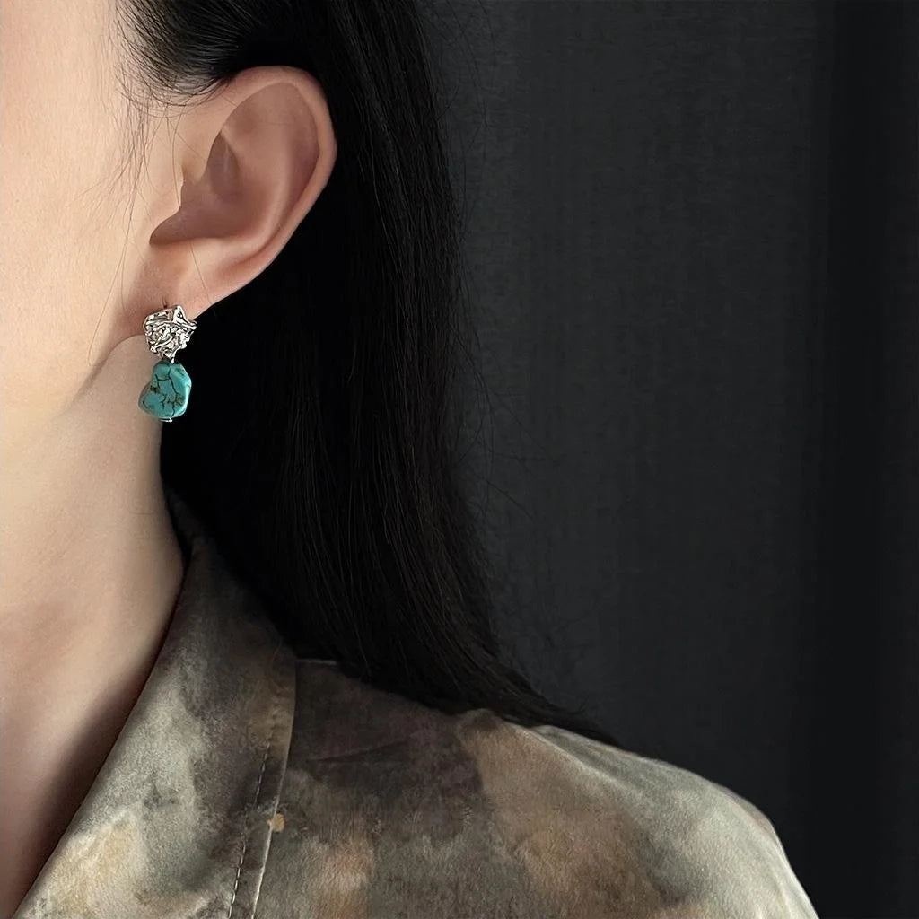 Vintage Palace Style Copper Faux Turquoise Irregular Geometric Drop Earrings For Women