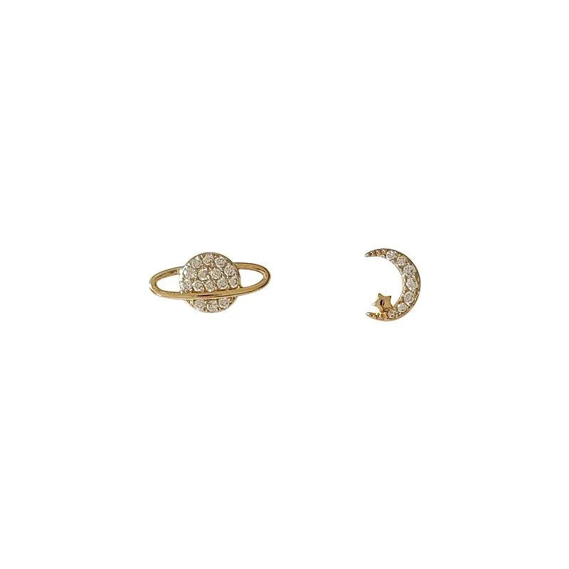 Micro Pave Zircon Star Moon Stud Earrings For Women, Simple Asymmetric Copper Mini Ear Jewelry
