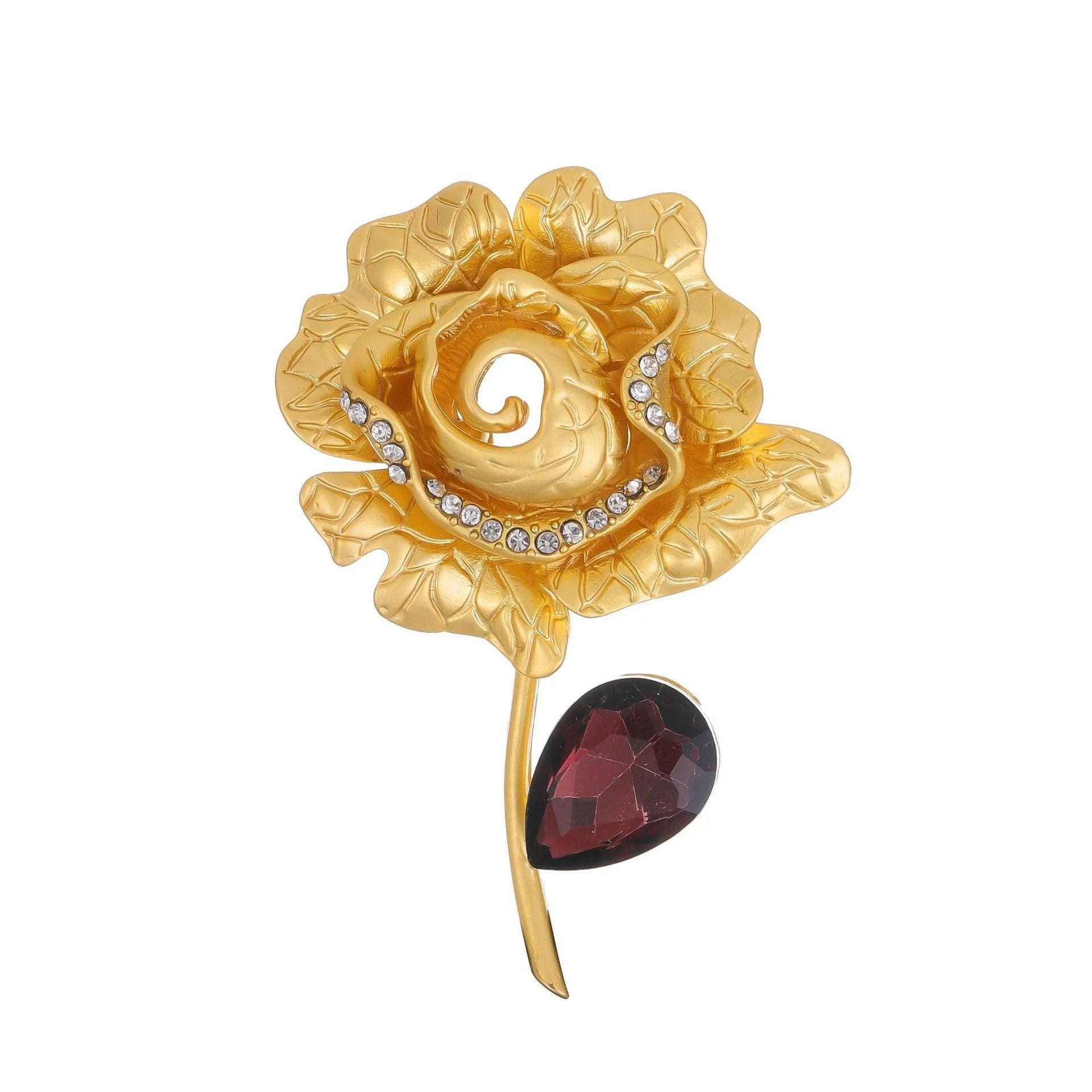 Vintage Gold Alloy Rose Flower Brooch With Rhinestone Petals And Red Crystal Drop, Elegant Lapel Pin Gift