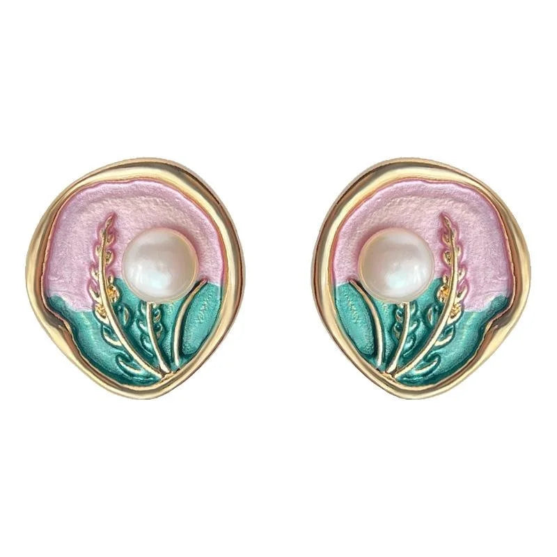 Sweet 14K Gold Plated Copper Freshwater Pearl Tulip Freesia Wheat Flower Stud Earrings