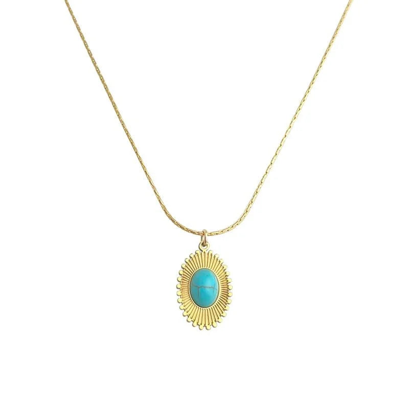 Vintage 18K Gold Plated Stainless Steel Synthetic Turquoise Sun Star Necklace