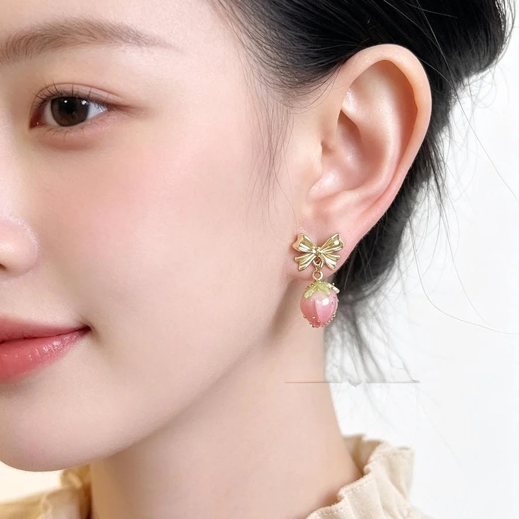 Sweet Pink Strawberry Bow Resin Copper Drop Earrings Handmade Vacation Style Jewelry