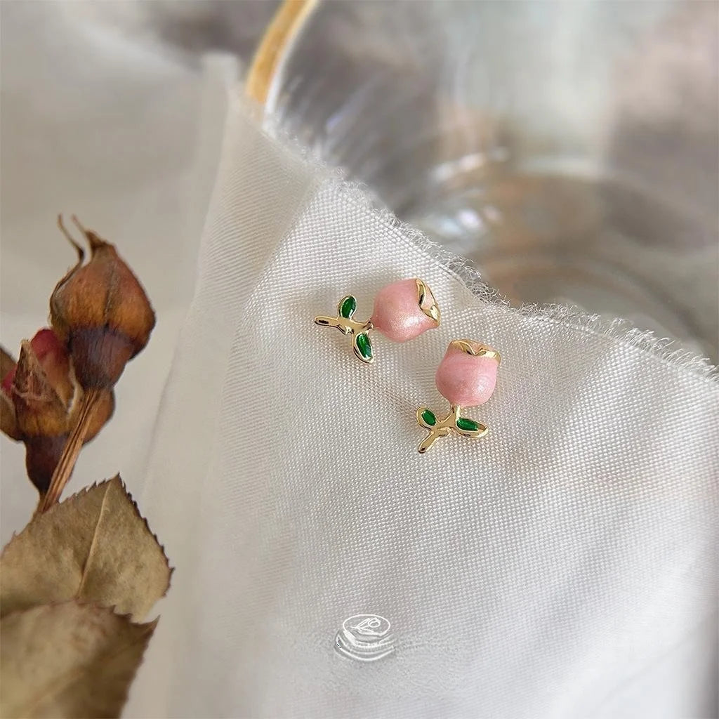 Sweet Pink Tulip Enamel Copper Stud Earrings Cute Minimalist Floral Jewelry for Women