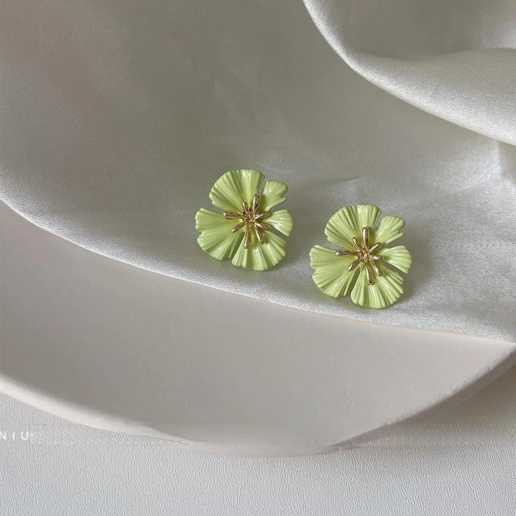 Avocado Green Flower Stud Earrings Silver Plated Alloy Korean Japanese Fresh Forest Style