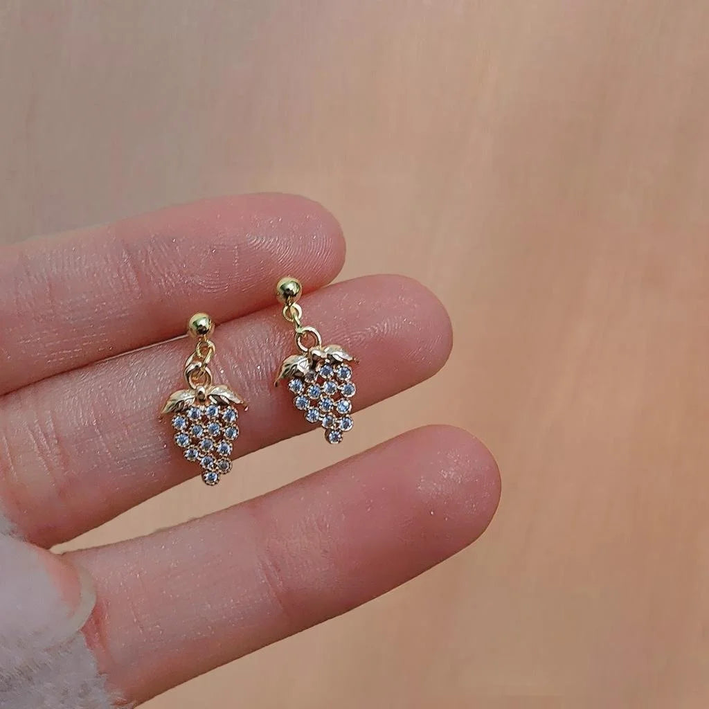 Vintage 14K Plated Copper Zircon Mini Grape Stud Earrings For Women Korean Style