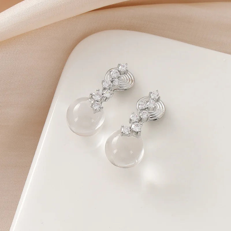 Elegant Starry Zircon Crystal Transparent Round Glass Bead Drop Stud & Clip On No Piercing Earrings