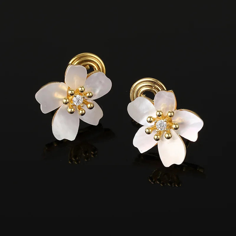 Elegant Sakura Flower Natural Shell Zircon Gold Alloy Stud & Clip On No Piercing Spiral Back Earrings
