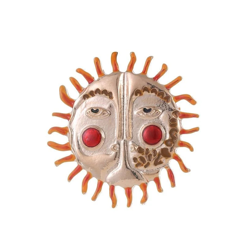 Vintage Baroque Sun Face Alloy Enamel Brooch With Red Rhinestone Cheeks, Elegant Lapel Pin Suit Accessory