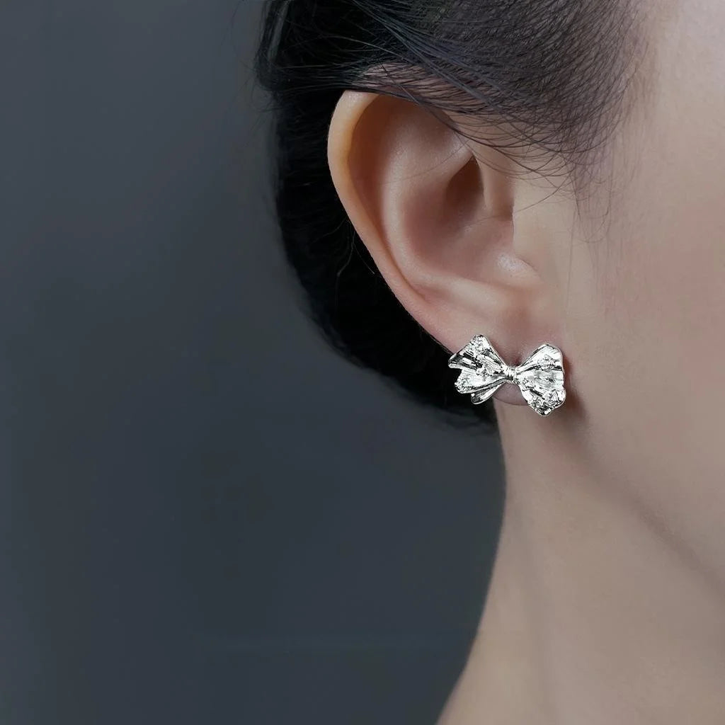 Silver Plated Copper Micro Pave Zircon Bow Stud Earrings Sweet Minimalist Geometric Jewelry