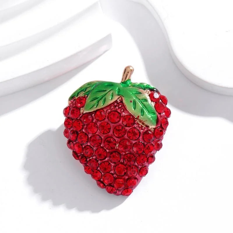 Cute Rhinestone Strawberry Brooch With Enamel Leaves, Alloy Fruit Lapel Pin Corsage For Women Gift