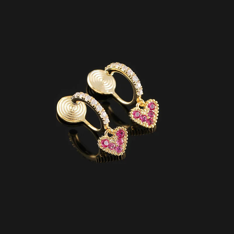 Luxury Red Rhinestone Heart Dangle Stud & Clip On No Piercing Gold Alloy Hoop Ear Cuff Earrings