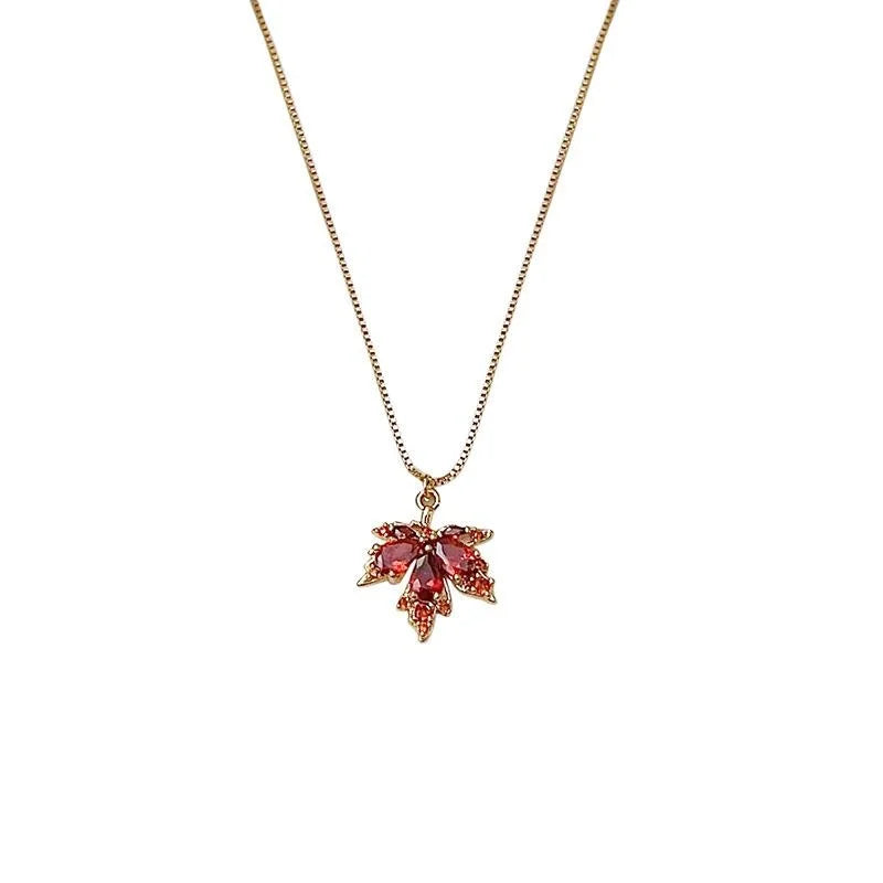 14K Gold Plated Copper Micro Pave Zircon Maple Leaf Pendant Necklace For Women