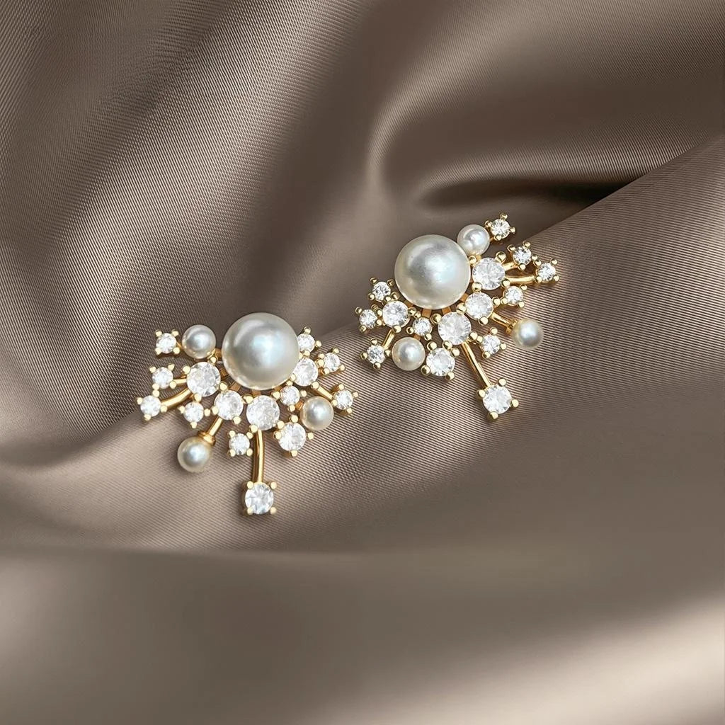 Premium Micro Pave Zircon Pearl Star Firework Stud Earrings With Silver Plated Pins