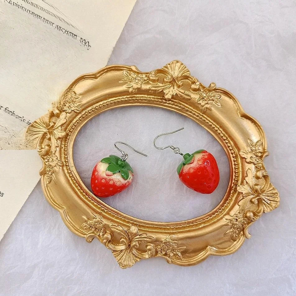 Cute Resin Strawberry Drop Earrings With Silver Plated Pins, Sweet Style Fruit Jewelry