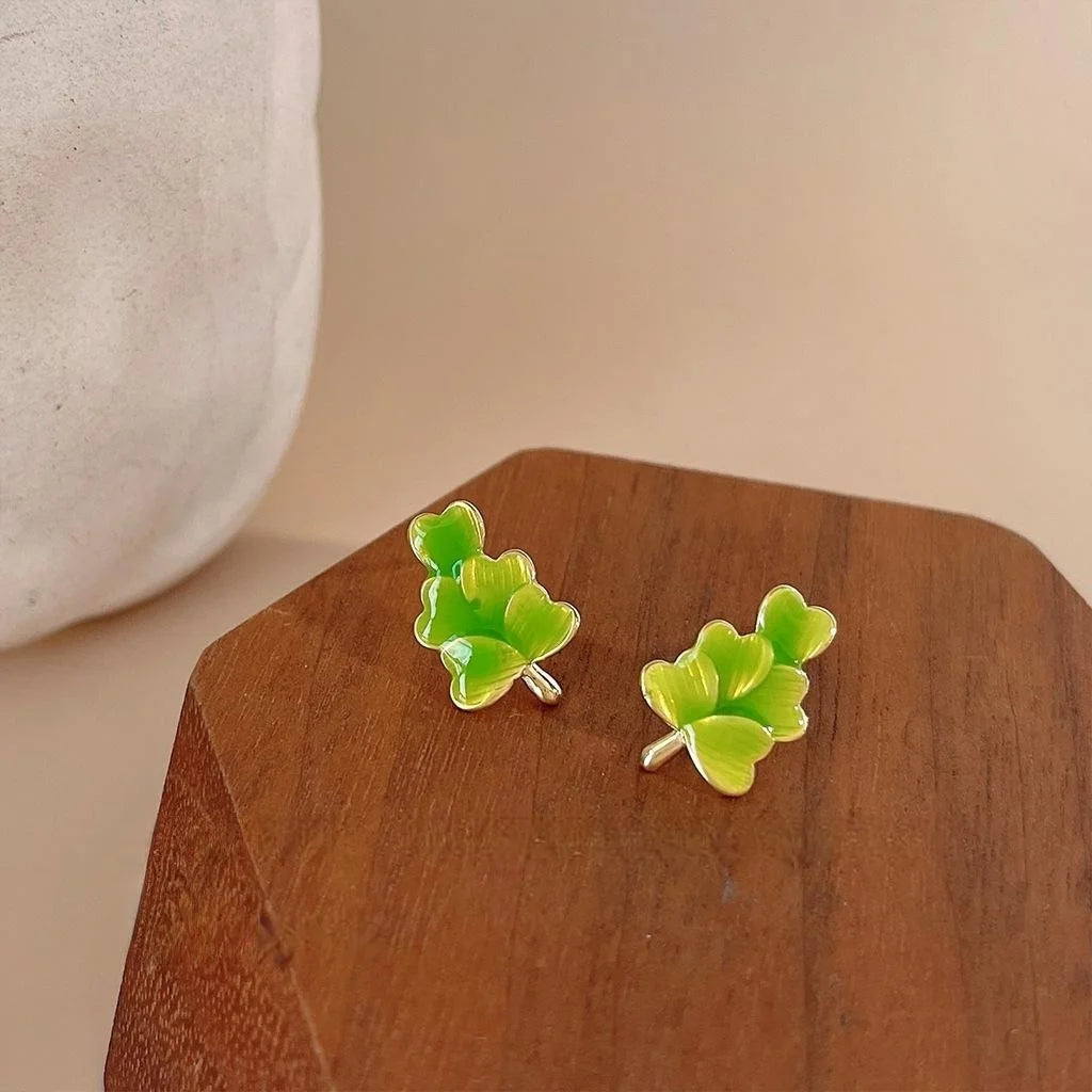 Fresh Forest Style Copper Enamel Heart Leaf Flower Stud Earrings for Women