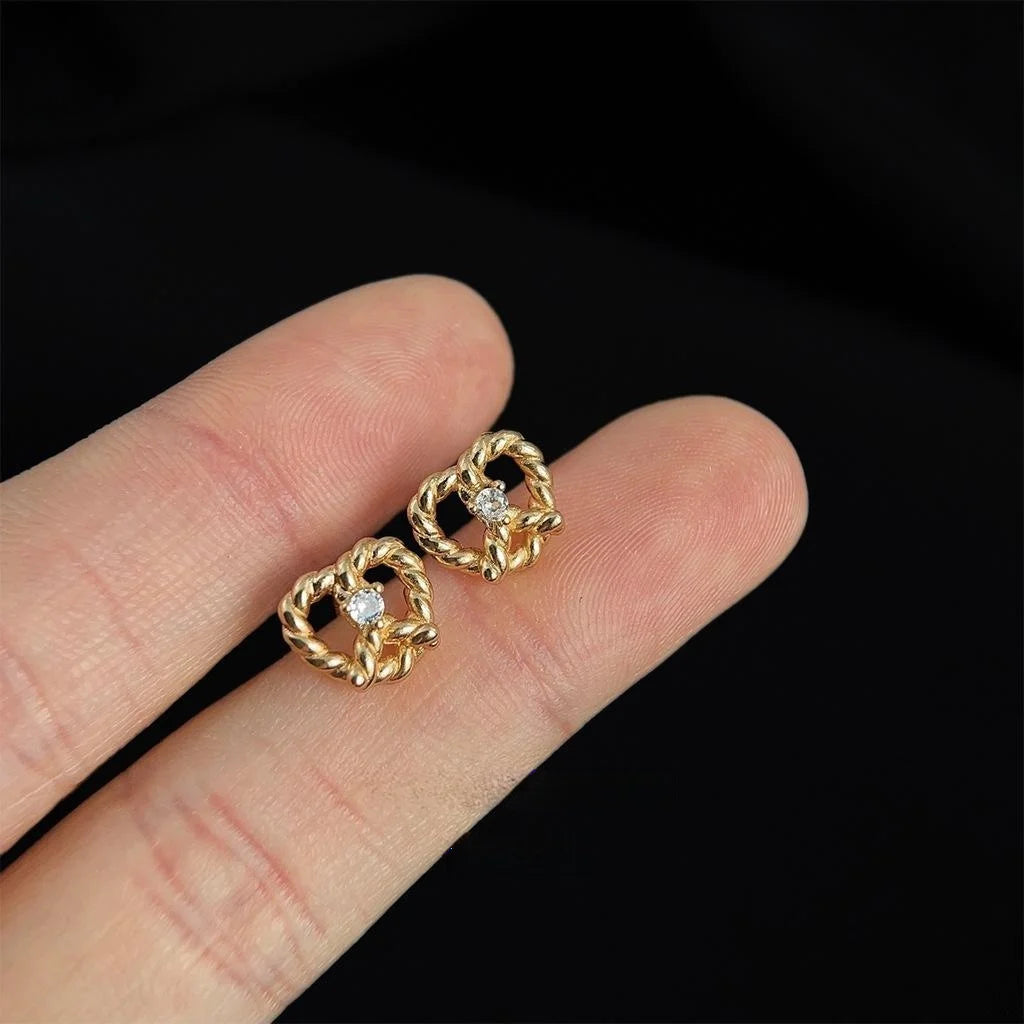 14K Plated Copper Heart Stud Earrings, Mini Micro Pave Zircon Everyday Jewelry