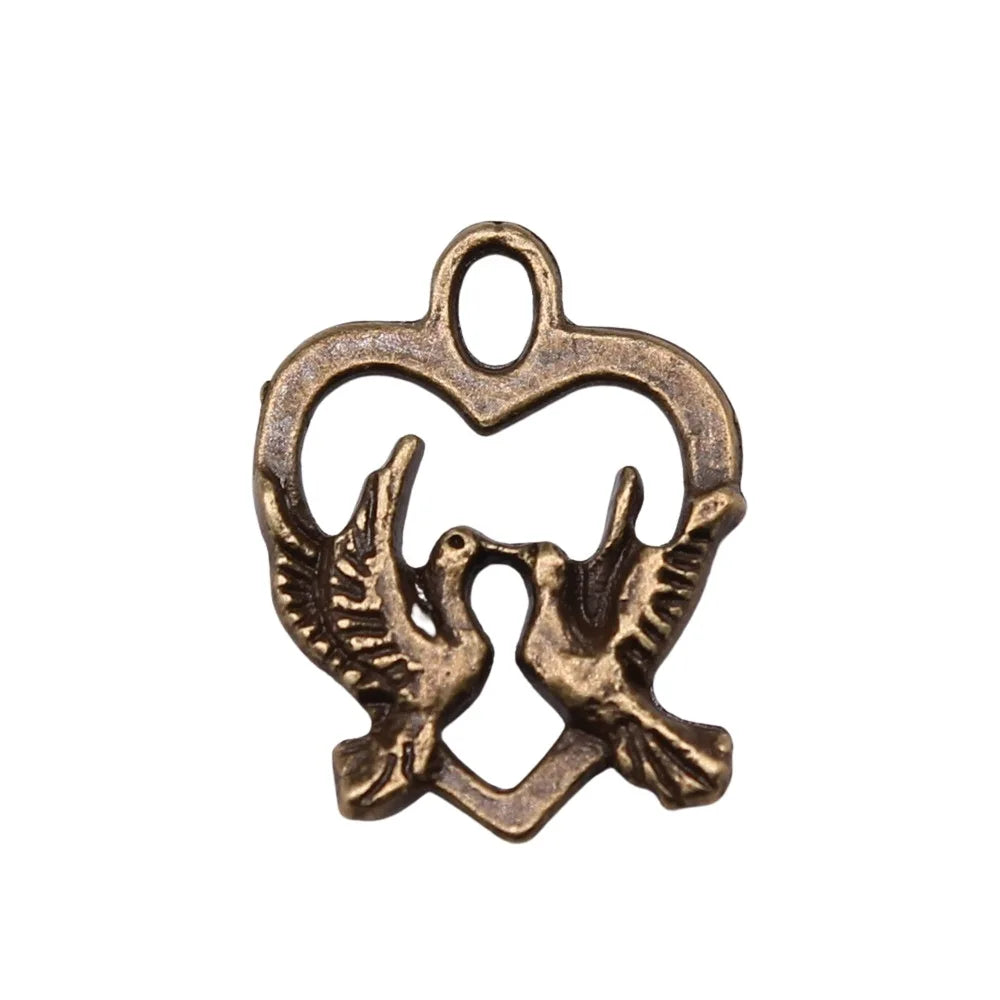 18x14mm 0.7g Multicolor Zinc Alloy Heart with Two Birds Charm Pendant for Bracelet Making