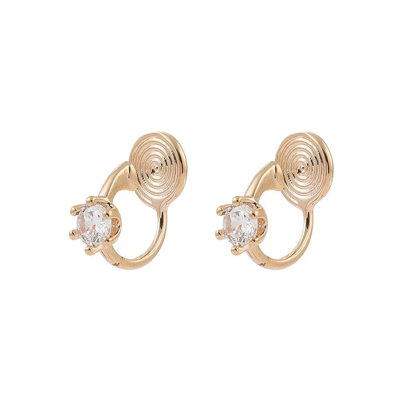 Elegant Gold Alloy Spiral Coil Hoop Zircon Stud & Clip On No Piercing Minimalist Round Cuff Earrings