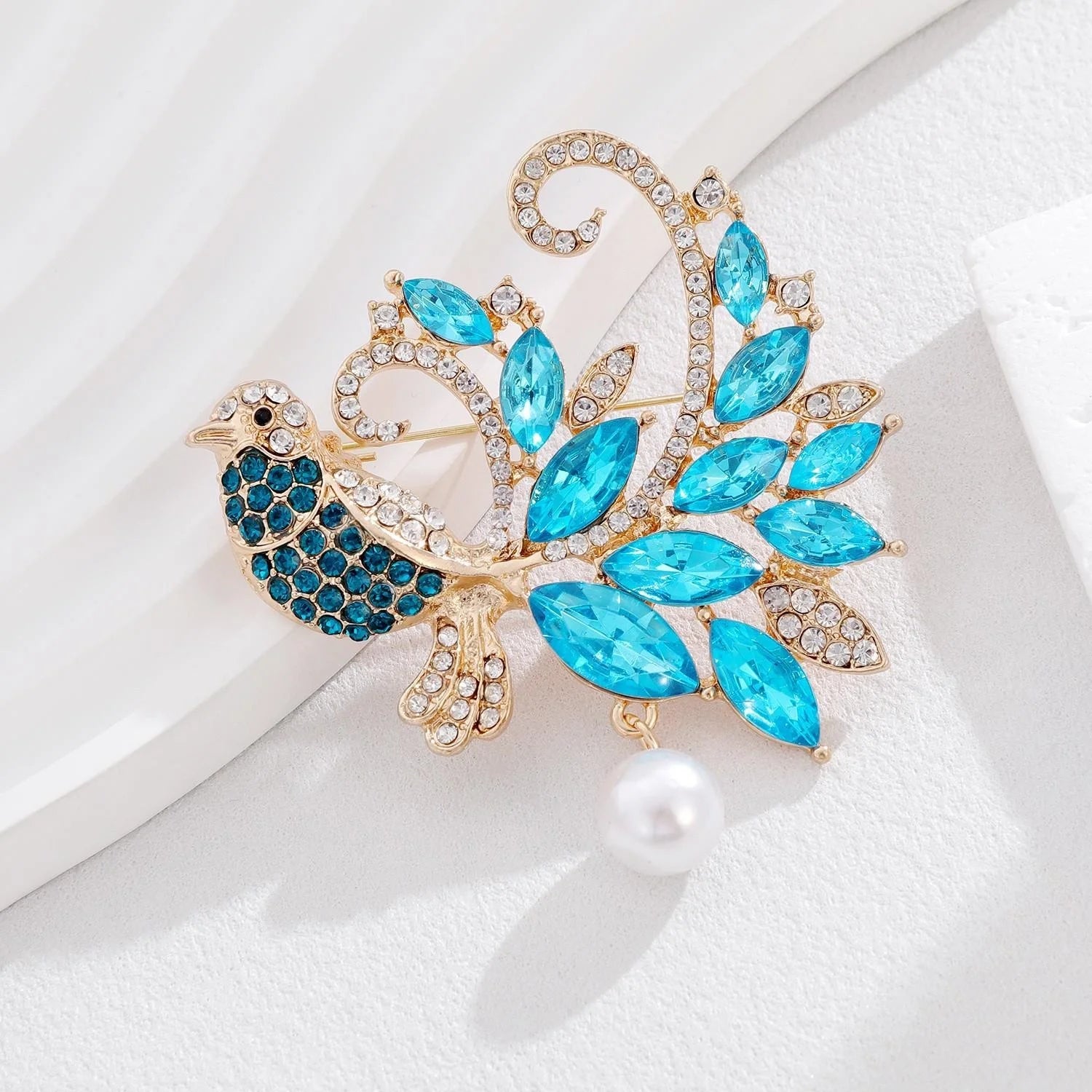 Elegant Blue Bird Rhinestone Brooch With Faux Pearl Drop, Animal Lapel Pin Corsage Gift For Women