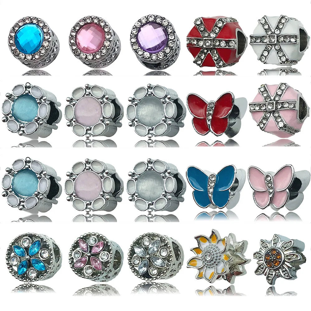 Silver Zinc Alloy Rhinestone Round Heart Butterfly Loose Metal Beads for DIY Bracelet Jewelry