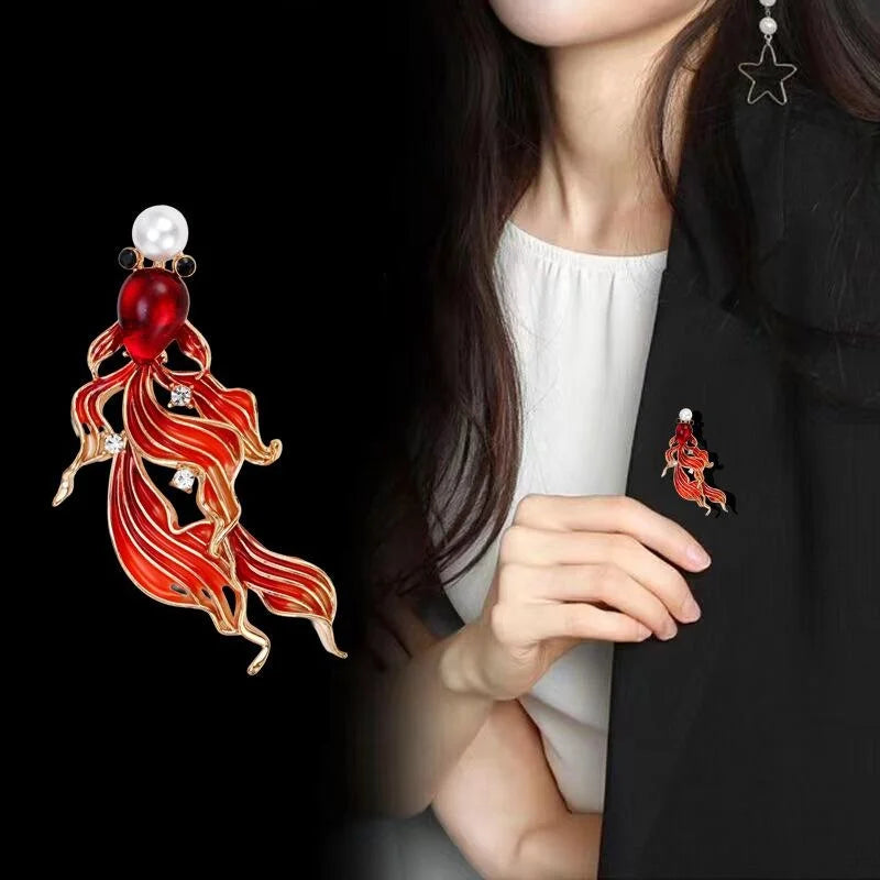 Elegant Red Enamel Koi Goldfish Brooch With Pearl And Rhinestone Accents, Luxury Lapel Pin Gift