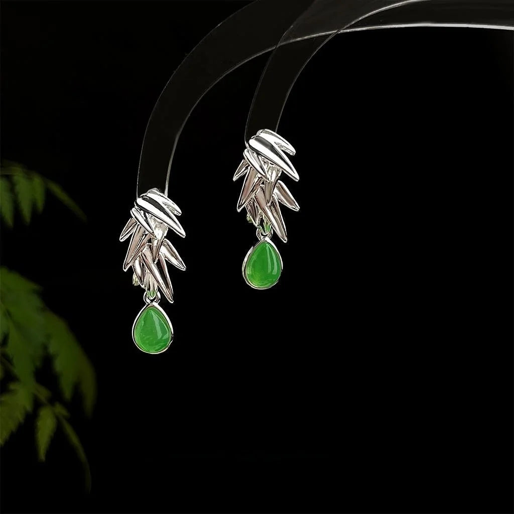 Vintage Silver Plated Copper Bamboo Leaf Drop Earrings New Chinese Ethnic Style Jewelry