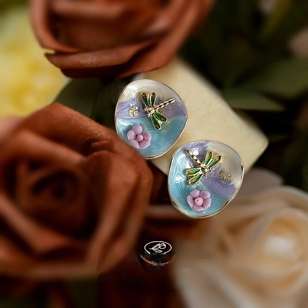 Sweet Gradient Enamel Ceramic Dragonfly Stud Earrings 14K Plated Oil Painting Style